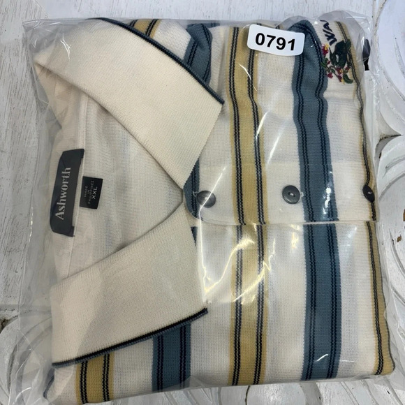 Ashworth Stripe Golf Polo Shirt XXL Cream Blue Striped Wairakei Embroidered - Picture 8 of 8